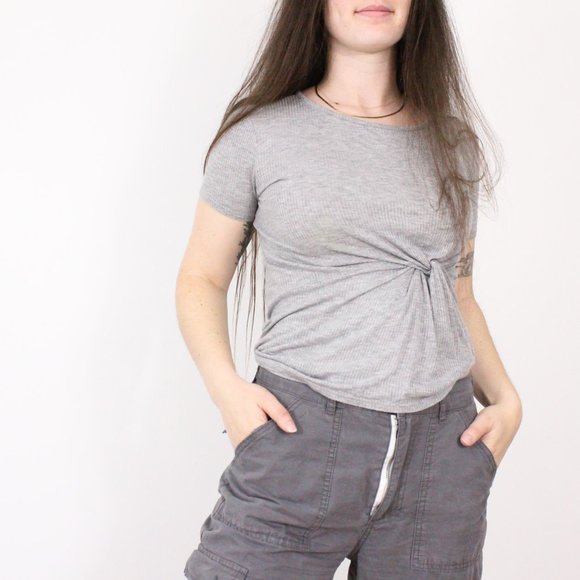 Anistar Tops - *Anistar Grey Ribbed Tie Top